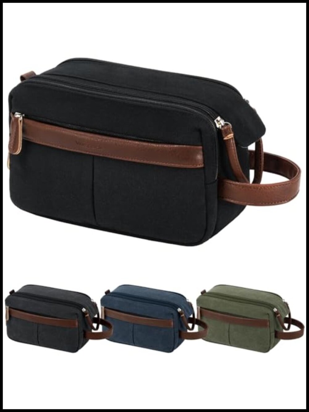 Canvas Travel Toiletry Bag Faux Leather Handle Wet Dry Separation